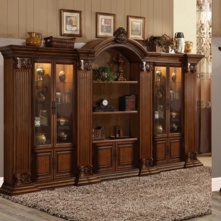 美式实木书柜组合靠墙储物柜欧式带玻璃门书橱，客厅大容量复古书架