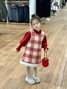 红色韩系女童格子连衣裙毛呢，背心裙小童泡泡，袖毛衣针织上衣新年装
