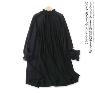 雪纺衬衫裙秋外贸女装时尚百搭木耳领灯笼长袖褶皱衬衣15765