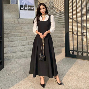 韩国chic秋季法式气质，方领显瘦修身中长款无袖，背心连衣裙女