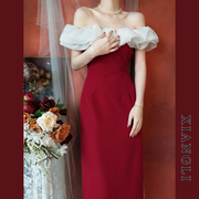 巷里法式复古红色连衣裙女夏装，赫本一字肩拼接显瘦气质小礼服长裙