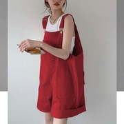 红色大码棉质工装背带短裤，女小个子夏季款，宽松高腰显瘦阔腿裤