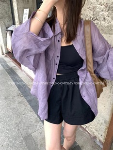 METWO 全麻料日系紫色长袖衬衫女夏季薄款休闲防晒衣外套1307