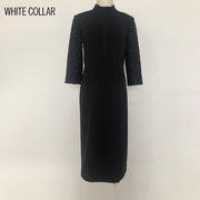 白领黑色立领，胸前袖拼黑色蕾丝，七分袖连衣裙ol-blk19-301