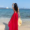 三亚度假连衣裙红色露背燕尾，沙滩长裙海边拍照衣服超仙挂脖吊带裙