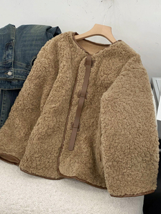 1.5斤咖啡色羊羔毛保暖(毛保暖)外套韩版纯色宽松上衣时尚休闲洋气
