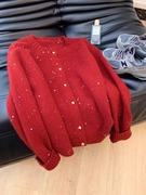 红色新年亮片毛衣外套女春秋，冬季设计感过年本命年针织开衫上衣厚