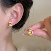 s925银针耳饰女黄钻方糖耳钉2024气质耳环轻奢高级感饰品