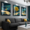 现代客厅装饰画沙发背景墙，高端北欧晶瓷画麋鹿，三联画复古防水挂画