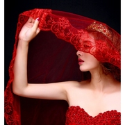 新娘结婚头纱唯美红色，韩式单层婚礼蕾丝花边，婚纱配件超长拖尾头纱