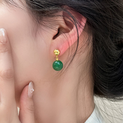 S925银针新中式绿色玉髓耳钉2024春夏高级感复古气质小耳环女