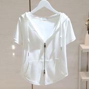 低价处理外贸韩国东大门白色连帽t恤女短袖2024夏季修身显瘦
