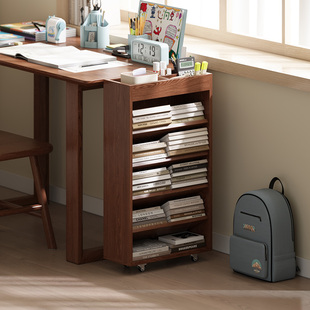 书桌旁小书架实木落地置物架，移动带轮家用侧边书柜，靠墙卧室落地柜