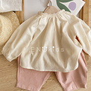 女童蕾丝领森系娃娃衫，24春宝宝韩版甜美气质，文艺纯棉长袖衬衫上衣
