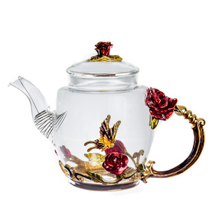 珐琅彩玫瑰茶壶 耐热玻璃泡茶壶 创意珐琅壶过滤水壶