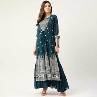 印度进口连衣裙手工刺绣，假两件乔其纱民族，风长款女装春夏款藏青色