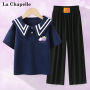 拉夏贝尔女童夏季套装2024儿童，海军领短袖，t恤大童学院风上衣