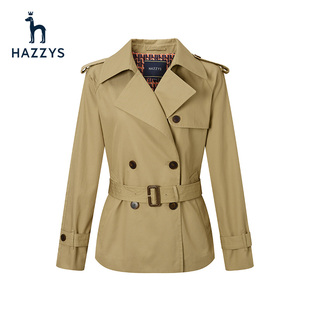 Hazzys哈吉斯春短款气质风衣女双排扣休闲流行时尚外套小个子
