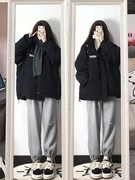 美式黑色棉服女冬季2023年韩版宽松学生加厚保暖面包服外套潮