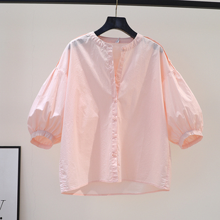 粉红色灯笼袖衬衣女2024夏季文艺范气质(范气质)百搭小衫圆领7分袖棉上衣