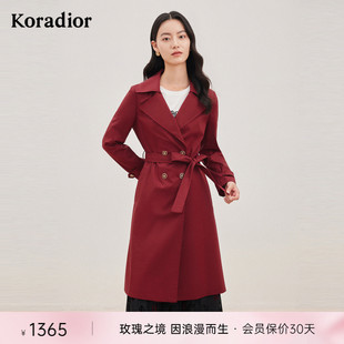 珂莱蒂尔女装，秋季红色风衣中长款薄款双排，扣外套今年流行