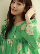 实物chao美的绿色大鹅纯棉纱布长裙圆领卡通长袖连衣裙秋季睡裙
