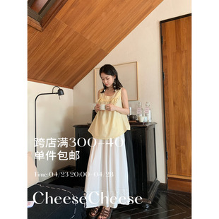 cheese'一颗柠檬'上衣女夏法式(夏法式)复古气质，甜美宽松亚麻背心黄色小衫
