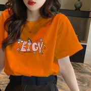 日系原宿风纯棉字母短袖t恤女夏韩版圆领宽松ins橙色半袖上衣