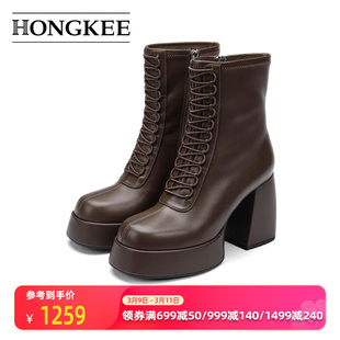 hongkee红科女靴牛皮，防水台厚底，短靴子2023秋冬女鞋ha83s430