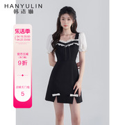 韩语琳黑色高腰连衣裙，女夏季泡泡袖高腰短裙，2024年气质小黑裙