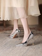 银色高跟鞋女2024年春季细跟设计感小众婚纱，鞋防水台尖头单鞋
