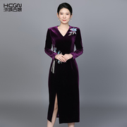 丝绒气质高贵女长袖V领中国风重工刺绣花优雅设计修身显瘦连衣裙