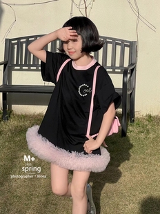 韩童装女童纯棉短袖T恤2024夏款中大童蕾丝花边裙子时髦个性