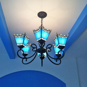 美式乡村地中海彩色玻璃铁艺灯架蓝色餐厅卧室书房客厅吊灯