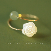 925纯银玫瑰和田玉开口戒指女小众，设计时尚个性指环高级ins复古风