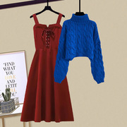 新年红色战袍套装裙女冬季慵懒风麻花高领毛衣连衣裙子两件套