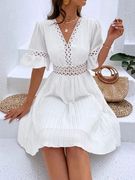 Lace fashion V-neck waist dress白色蕾丝时尚V领收腰中袖连衣裙