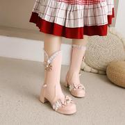 鞋女蝴蝶结白色粉红色靴子圆头粗跟中跟中筒女甜美公主鞋大码 TG