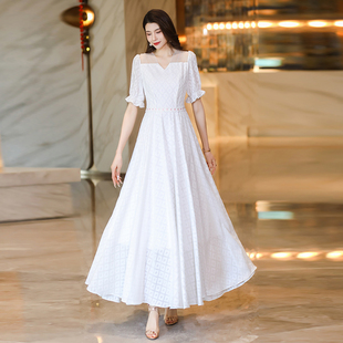 白色连衣裙2024女夏季气质显瘦高级感大摆超长裙到脚踝1879