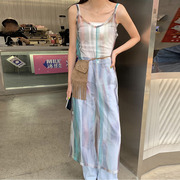 韩国chic夏季复古小众凹造型透视叠穿长裙扎染网纱蕾丝吊带连衣裙