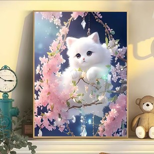 2023桃花小猫咪十字绣满钻带框可爱动物钻石画自粘钻客厅卧室