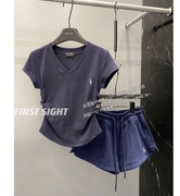 韩国高级感纯棉v领短袖t恤女夏季收腰修身显瘦不规则短款上衣