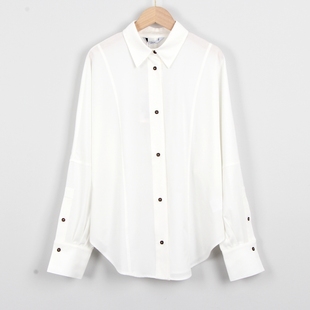 时尚品牌代工厂尾货春季女装POLO领白色蝙蝠袖宽松长袖衬衫气质潮