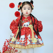 女童秋冬连衣裙女宝宝长袖公主，裙子儿童熊猫印花中式圣诞节蓬蓬裙