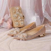 222-25水晶鞋亮片低跟鞋女2021尖头平底名媛，银色孕妇新娘婚鞋