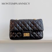 montempsannecy品牌包包女士，黑色菱格包链条包手提包小方包