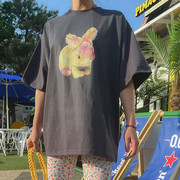 韩国女装 HANAUNNI 2022夏 韩范复古风小兔子图案短袖T恤