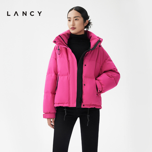 lancy朗姿2023秋冬季鹅绒，连帽外套女宽松粉色女士短款羽绒服