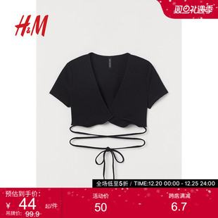 HM女装T恤冬季细长绑带设计时尚V领短袖围裹式短女上衣1006620