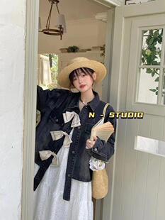 韩版胖mm甜酷立体蝴蝶结牛仔外套女2023春季宽松大码设计感上衣女